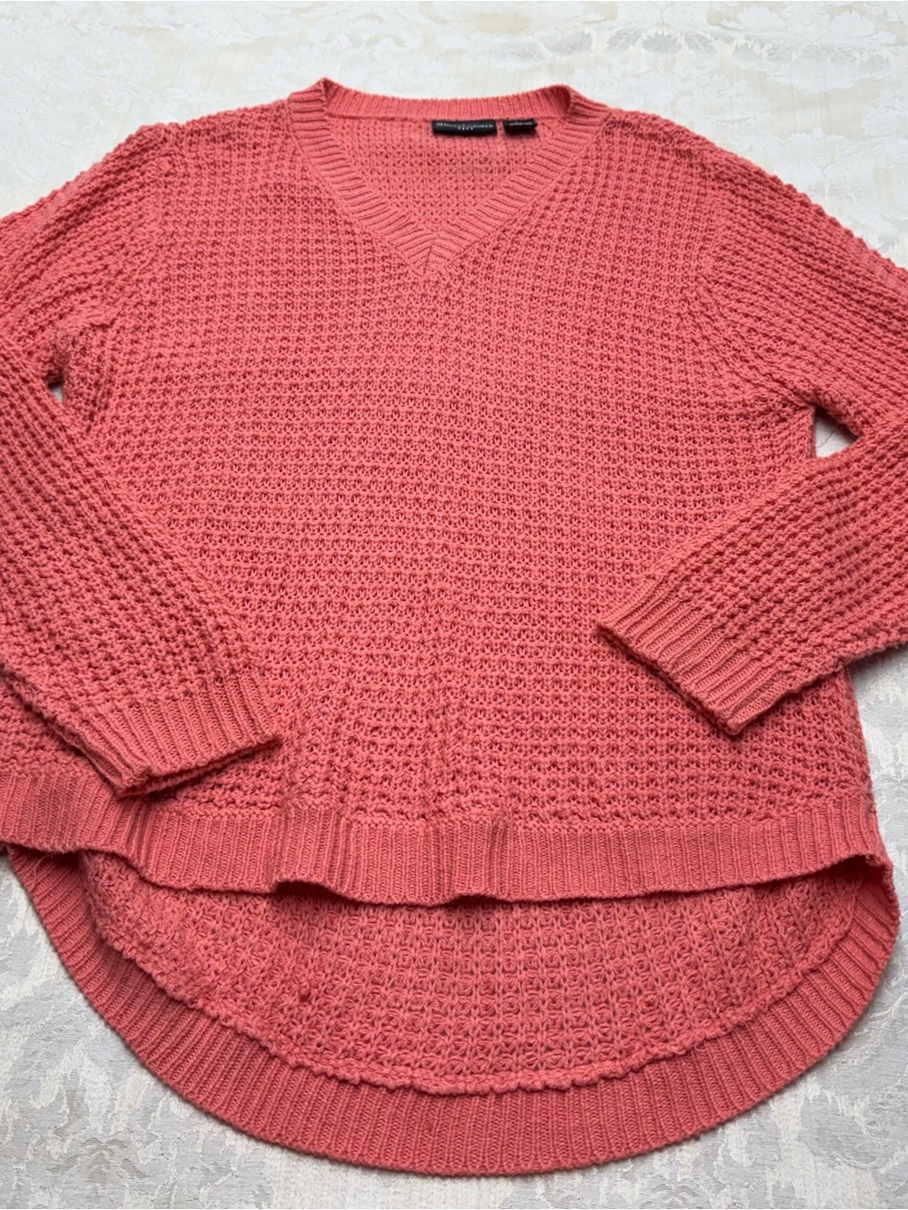 V-Neck Waffle Knit Sweater in Coral